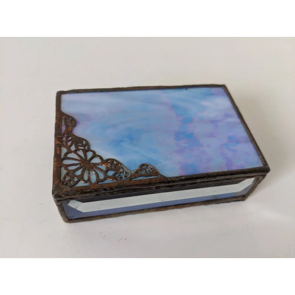 Vintage Stained Glass Brass Trinket Jewelry Box Blue With Mirrored Bottom Flower